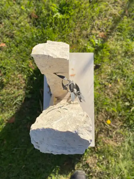 un ramo in ferro battuto lavorato artisticamente unisce le due pietre